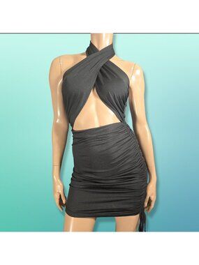 Y2K Black Halter Mini Clubbing Dress Size XS Ruched Drawstring Cutout Mcbling
